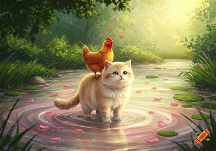 A cat stands in a courtyard and stares at a dead robot