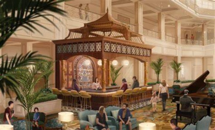 A resort lobby featuring an assortment of Pokemon, with a floating Hoppip at the center