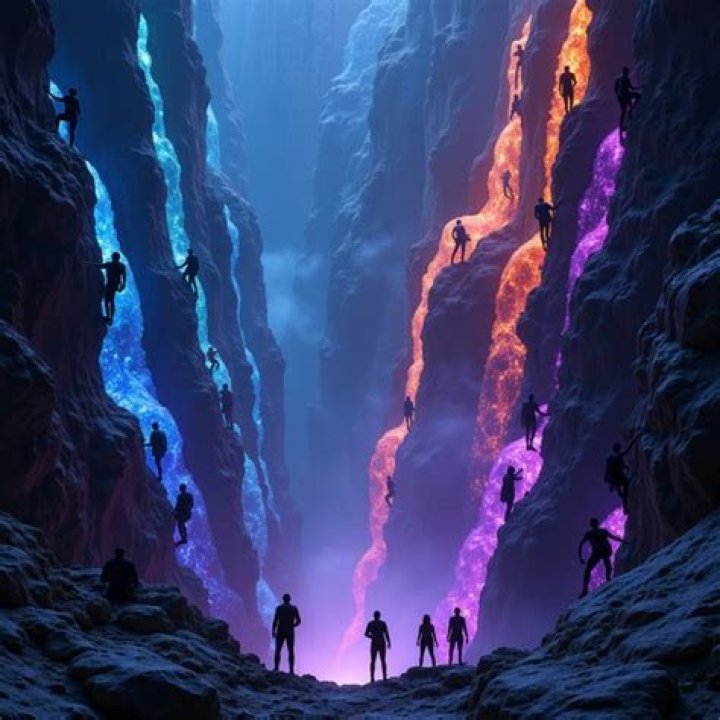 Adventurers stand on floating bits of asteroid while a rock-like beholder sneaks up beind them.
