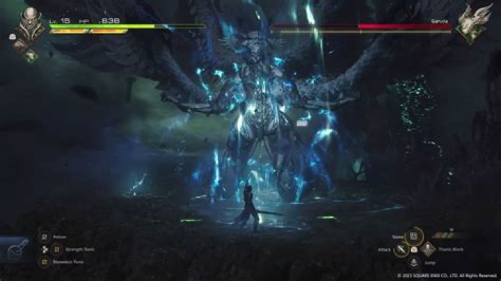 Clive Rosfield faces the giant winged Eikon Garuda in a boss battle from Final Fantasy 16