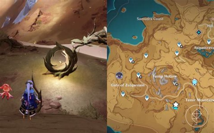 Fravashi tree 8 location in Genshin Impact indicated by an in game screenshot and a map.