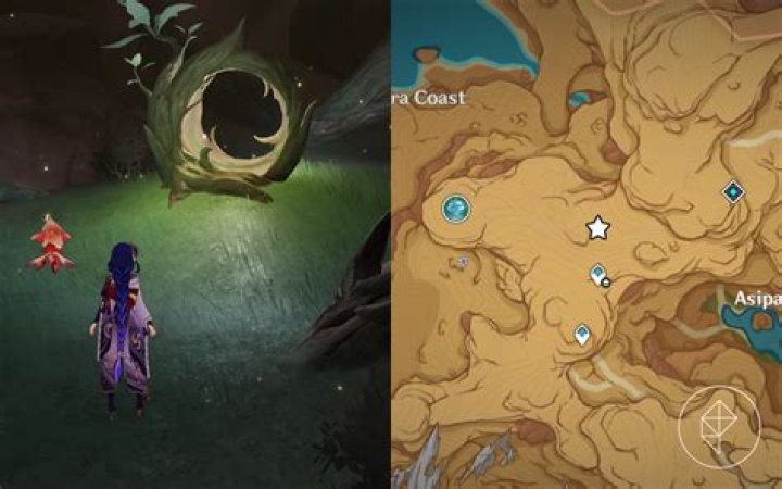 Fravashi Tree location in the new Girdle of Sans region in Genshin Impact with Raiden and Sorush standing in front of it.