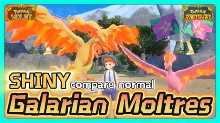 Shiny Moltres with its normal version. Shiny Moltres has a pink-ish body, rather than a golden-orange one.