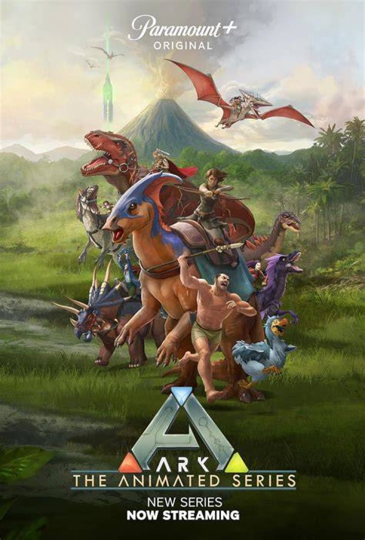 the poster for Ark: The Animated Series features a young woman with a bow riding a duck-billed dinosaur.