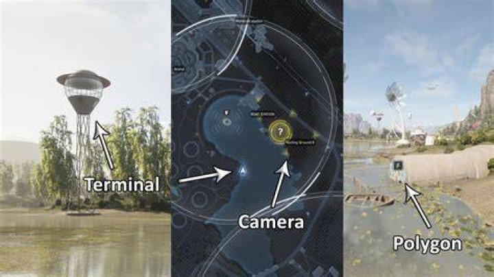 Three vertical screenshots show the terminal, camera, and polygon for Atomic Heart testing ground 6 location.